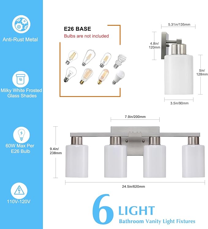 4 Light Bathroom Vanity Light Brushed Nickel Modern Bathroom Light Fixtures Nickel Vanity Lights with Eye-Friendly Milky White Frosted Glass Shades E26 Socket (Bulbs Not Included)