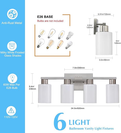 4 Light Bathroom Vanity Light Brushed Nickel Modern Bathroom Light Fixtures Nickel Vanity Lights with Eye-Friendly Milky White Frosted Glass Shades E26 Socket (Bulbs Not Included)