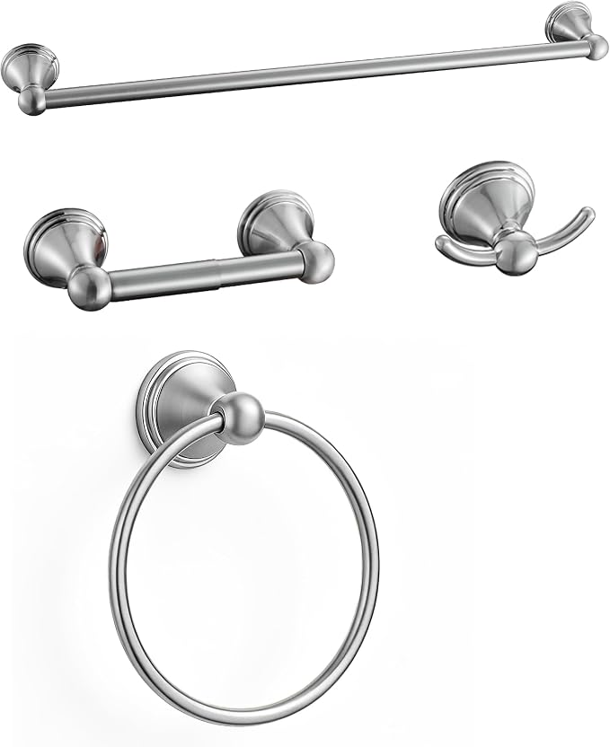 4-Piece Bathroom Hardware Accessories Kit, Zynuhmo Brushed Nickel Towel Bar Set Wall Mounted with 20'' Towel Bar, Towel Ring & Toilet Paper Holder, Robe Hook Set Fixtures for Modern Farmhouse Bathroom