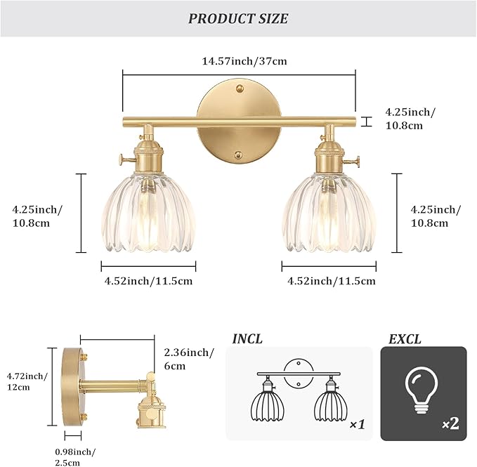 Bathroom Light Fixtures, 2-Light Brass Vanity wall Light Over Mirror with Clear Tulip Glass Shade for Bedroom Living Room (Bulb Not Included)
