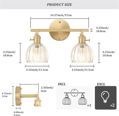 Bathroom Light Fixtures, 2-Light Brass Vanity wall Light Over Mirror with Clear Tulip Glass Shade for Bedroom Living Room (Bulb Not Included)