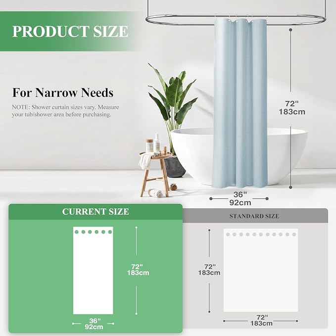 Stall Waffle Shower Curtain 256 GSM Heavy Fabric 36x72 Fog Blue | Narrow Half Size, Thick Cloth, Weighted Hem, Water Repellent, Hotel Luxury Polyester Shower Curtain Set for Bathroom 6 Hooks