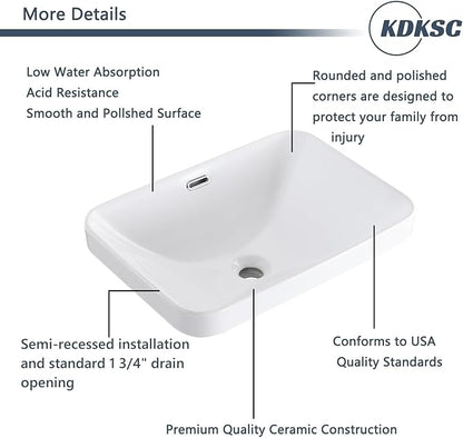 Bathroom Vessel Sink 20.6'' x 14.7'' Semi Recessed Bathroom Sink Rectangular Drop In Sink with Overflow White Ceramic Modern Vessel Sinks for Bathroom