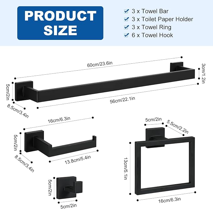 Cilee 10-Pieces Matte Black Bathroom Hardware Set, 24 inch Towel Bar Set | Towel Bar, Square Towel Ring Toilet Paper Holder Towel Hook, Bathroom Accessories Wall-Mounted Stainless Steel Towel Rack Set