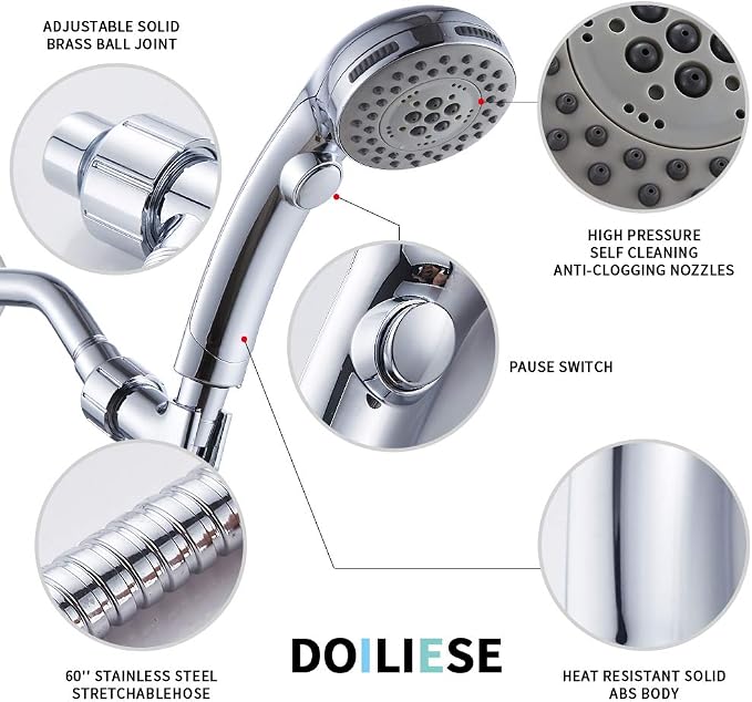 High Pressure Shower Head with Handheld Spray 6 Settings Chrome | Hand Held Shower head with On Off Switch, Spa Spray Mode, 60inches Hose