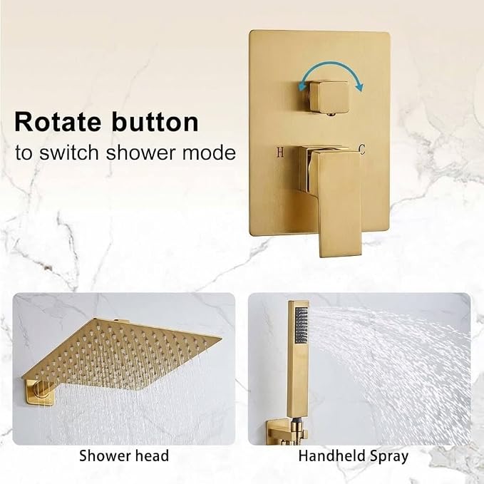 10 Inch Shower Faucet Set,Brushed Gold Shower System With Handheld | Square Shower Head with Shower Trim Kit And Handheld Shower Valve,Multi-function Rainfall,Rain Shower & Handheld Spray Combo