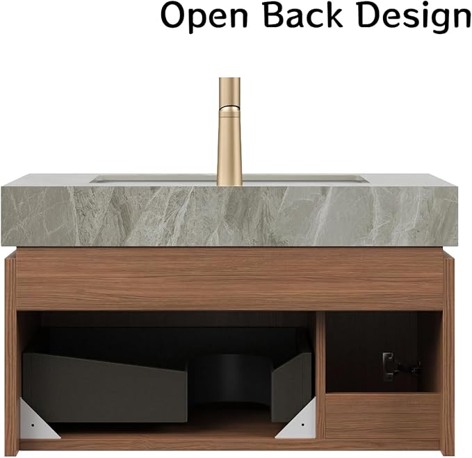 30" Bathroom Vanity with Sink, Wall-Mounted Plywood Bathroom Storage Cabinet with Ceramic Basin & Sintered Stone Countertop, Modern Pre-Assembled Floating Vanity with Drawer & Door, Brown Oak