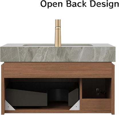 30" Bathroom Vanity with Sink, Wall-Mounted Plywood Bathroom Storage Cabinet with Ceramic Basin & Sintered Stone Countertop, Modern Pre-Assembled Floating Vanity with Drawer & Door, Brown Oak