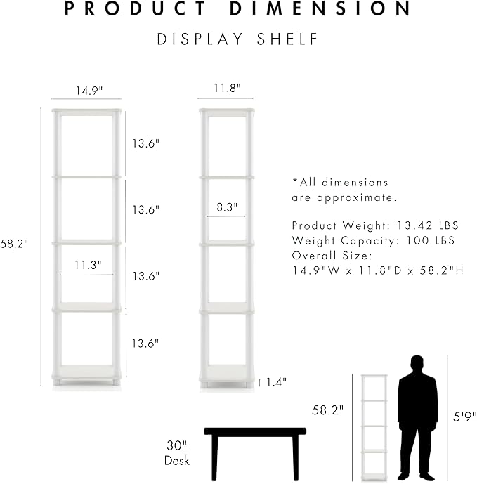 Homes: Inside + Out Apexa Modern 5-Tier Narrow Shelving Units, Collectibles Display Shelves, Easy Assembly Standing Shelf, Home Storage Organizer for Living Room, Bedroom, Office, White