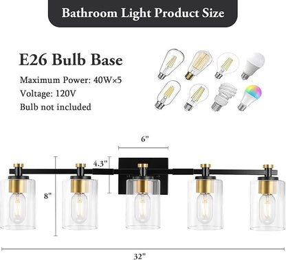 5 Light Bathroom Vanity Light Fixtures, Black and Gold with Clear Glass Shade, Modern Wall Sconce Over Mirror, Brushed Gold for Bathroom (E26 Base)