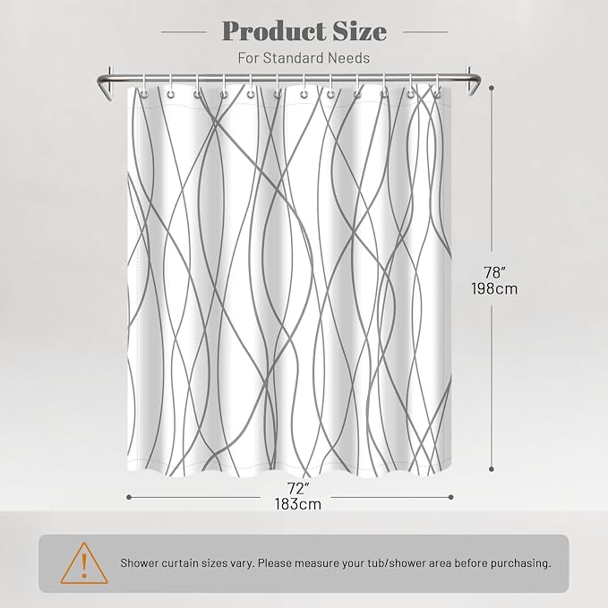 Striped Shower Curtain for Bathroom, Grey White, 72" W x 78" L | with Hooks, Modern Hotel Style, Water Repellent, Washable, Weighted Hem
