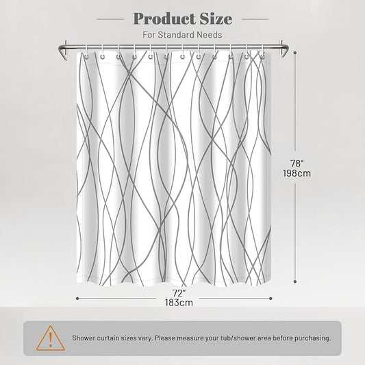 Striped Shower Curtain for Bathroom, Grey White, 72" W x 78" L | with Hooks, Modern Hotel Style, Water Repellent, Washable, Weighted Hem