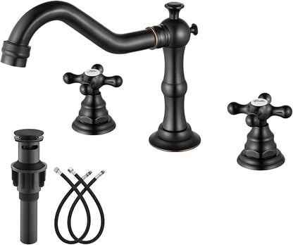 gotonovo Bathroom Faucet 3 Hole 8 Inch Widespread Bathroom Sink Faucet 2 Cross Handles Vintage Lavatory Vanity Mixer Tap with Pop Up Drain, Round Font Label, Oil-Rubbed Bronze