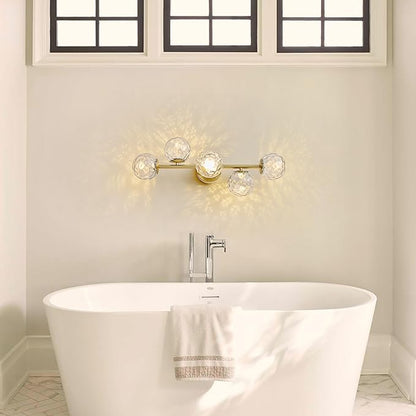 Gold Bathroom Vanity Light Fixtures: 5-Light Hammered Clear Glass Globe Light Fixture Bathroom Wall Sconce over Mirror - Mid Century Modern Gold Dimmable LED Brushed Brass Vanity Lighting Sconces