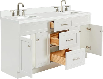ARIEL Hamlet 66-inch Bathroom Vanity with Sink,Solid Wood, 1.5-inch Pure White Quartz Countertop & Backsplash, Double Rectangular Porcelain Sink, 4 Soft Closing Doors, 3 Dovetail Drawers, White