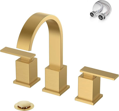 Brushed Gold Bathroom Faucet 8 Inch Widespread 3 Hole 2 Handle,Waterfall Swivel Spout Bathroom Sink Faucet with Pop Up Drain and Water Supply Line,WF011-BG