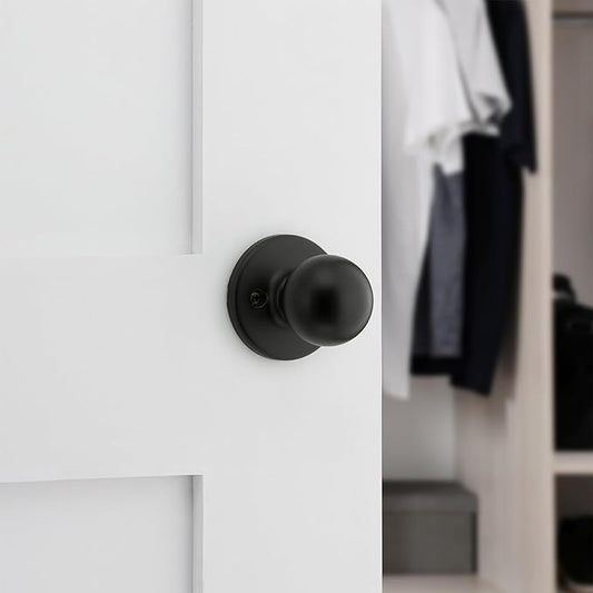 Kwikset Polo Dummy Door Knob, Single Sided Handle for Closets, French Double Doors, and Pantry, Matte Black Non-Turning Interior Push/Pull Door Knob, with Microban Protection