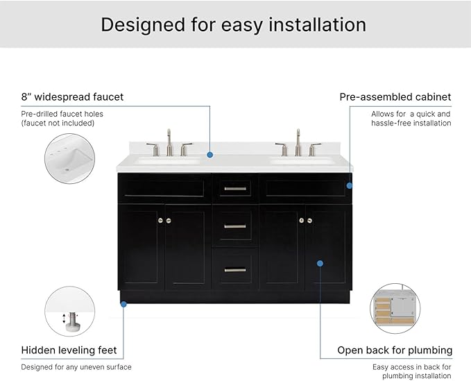 ARIEL Hamlet 60-inch Bathroom Vanity with Sink,Solid Wood, 1.5-inch Carrara White Quartz Countertop & Backsplash, Double Rectangular Porcelain Sink, 4 Soft Closing Doors, 3 Dovetail Drawers, Black