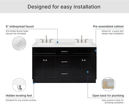 ARIEL Hamlet 60-inch Bathroom Vanity with Sink,Solid Wood, 1.5-inch Carrara White Quartz Countertop & Backsplash, Double Rectangular Porcelain Sink, 4 Soft Closing Doors, 3 Dovetail Drawers, Black