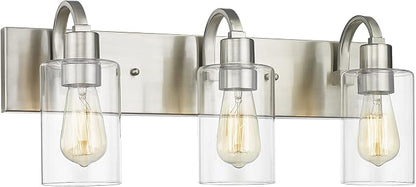 Emliviar 3-Light Vanity Light Fixture - Modern Bathroom Light Fixtures Over Mirror, Brushed Nickel Finish with Clear Glass, YCE237B-3W BN