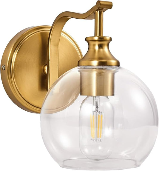 Brushed Gold Bathroom Light Fixtures, Brass Vanity Lights for Mirror, 1-Light Bathroom Wall Sconces Lighting with Globe Clear Shade Up or Down Wall Mounted for Kitchen, Living Room, Hallway