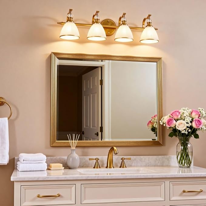 Brushed Gold Vanity Light, 4-Light Bathroom Light Fixtures, Vintage Wall Lamp with Bell Shaped Frosted Lampshade, 27.8 Inch Bathroom Lighting Fixtures Over Mirror, (Bulbs Not Included)