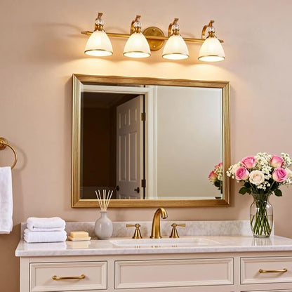 Brushed Gold Vanity Light, 4-Light Bathroom Light Fixtures, Vintage Wall Lamp with Bell Shaped Frosted Lampshade, 27.8 Inch Bathroom Lighting Fixtures Over Mirror, (Bulbs Not Included)