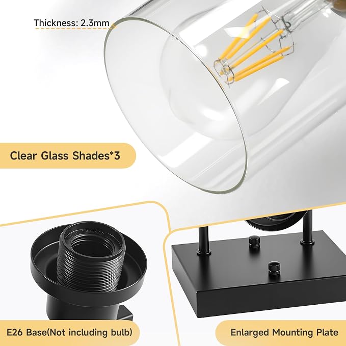 3-Light Bathroom Light Fixtures, Black Bathroom Vanity Light with Clear Glass Shade, Modern Bathroom Wall Lights Over Mirror, Farmhouse Wall Sconces Lighting for Bedroom LivingRoom
