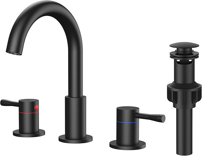 Black bathroom faucet set with handles on a white background