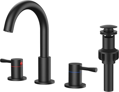 Black bathroom faucet set with handles on a white background