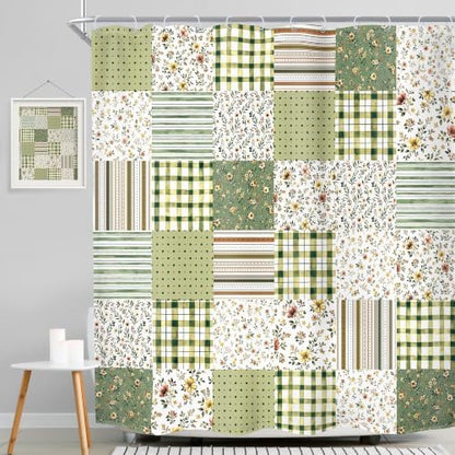 MESHELLY Dark Green Floral Patchwork Shower Curtain 72Wx72H Vintage Checkered Sage Plaid Striped Country Gingham Bathroom Curtain Farmhouse Bath Curtain Bathroom Accessories Decor with 12 Hooks
