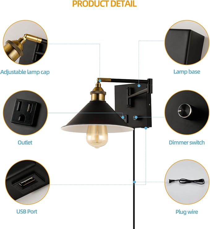 Bedside Wall Mount Light with Dimmable Switch and Outlet, Swing Arm Metal Shade Wall Sconce Light with USB Port and Plug in Cord, Black Wall Lamp for Bedroom, Living Room and Hotel