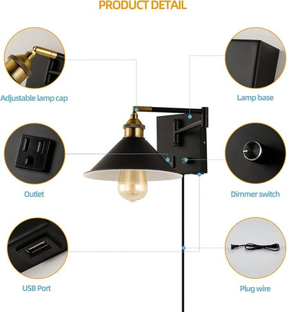 Bedside Wall Mount Light with Dimmable Switch and Outlet, Swing Arm Metal Shade Wall Sconce Light with USB Port and Plug in Cord, Black Wall Lamp for Bedroom, Living Room and Hotel
