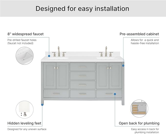 ARIEL Cambridge 66-inch Bathroom Vanity with Sink,Solid Wood, 1.5-inch Carrara White Quartz Countertop, Double Rectangular Porcelain Sink, 4 Soft Closing Doors, 6 Dovetail Drawers, Grey
