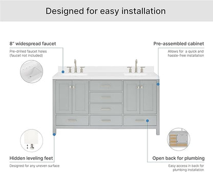 ARIEL Cambridge 66-inch Bathroom Vanity with Sink,Solid Wood, 1.5-inch Carrara White Quartz Countertop, Double Rectangular Porcelain Sink, 4 Soft Closing Doors, 6 Dovetail Drawers, Grey