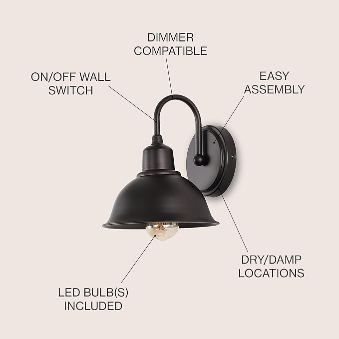 JONATHAN Y 8" Oil Rubbed Bronze Farmhouse Industrial 1-Light LED Vanity Wall Sconce for Bathroom Mirror Kitchen, Metal Shade, Dimmable Vintage Lighting, LED Bulb Included (JYL7481B)
