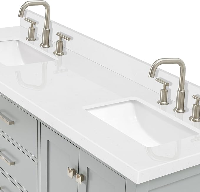 ARIEL Cambridge 66-inch Bathroom Vanity with Sink,Solid Wood, 1.5-inch Carrara White Quartz Countertop, Double Rectangular Porcelain Sink, 4 Soft Closing Doors, 6 Dovetail Drawers, Grey