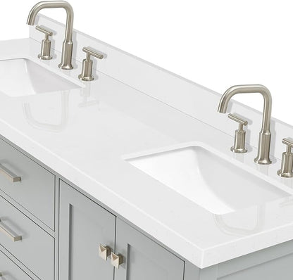 ARIEL Cambridge 66-inch Bathroom Vanity with Sink,Solid Wood, 1.5-inch Carrara White Quartz Countertop, Double Rectangular Porcelain Sink, 4 Soft Closing Doors, 6 Dovetail Drawers, Grey