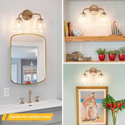 Vintage Brass Vanity Light, 2-Light Bathroom Lighting Fixtures Over Mirror, Elegant Vanity Lighting for Bathroom with Clear Glass Shade, Gold Wall Sconce Lighting for Bedroom, Living Room