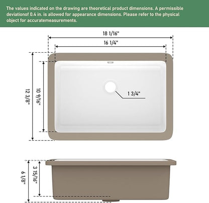 18x12 Inch Undermount Bathroom Sink with Rectangular Bottom White Ceramic Vessel Bathroom Sinks Vanity Classic Basin with Overflow