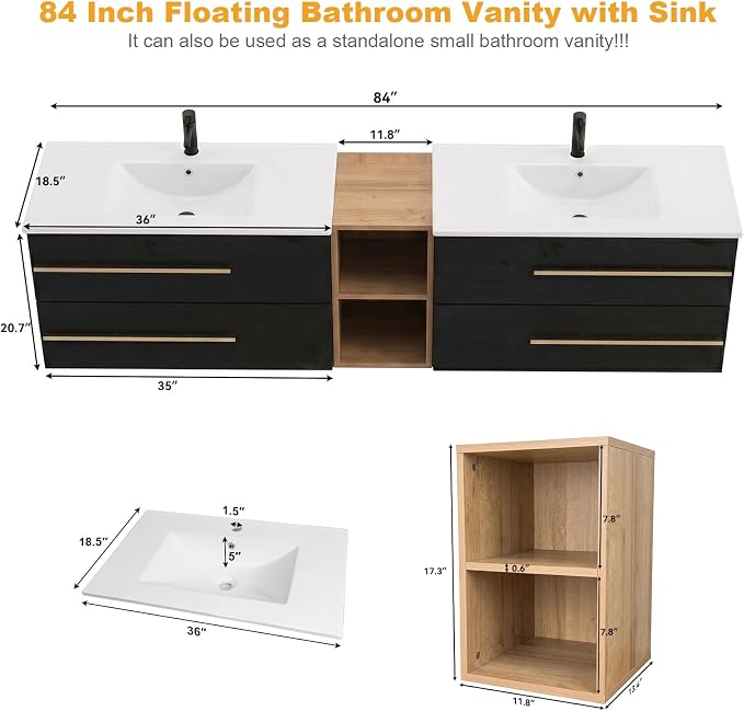 84 Inch Floating Double Sink Bathroom Vanity with Sink Combo, Modern Wall-Mounted Vanities Cabinet with Large Soft-Closing Drawers, Double Vanity Sinks for Bathrooms, Black&Natural