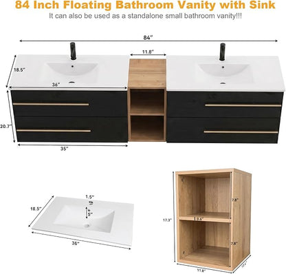 84 Inch Floating Double Sink Bathroom Vanity with Sink Combo, Modern Wall-Mounted Vanities Cabinet with Large Soft-Closing Drawers, Double Vanity Sinks for Bathrooms, Black&Natural