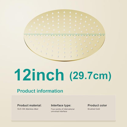 All Metal Rain Shower Head - Heavy Duty Stainless Steel, Easy Install, High Water Flow, Ultra-Thin Modern Design for Bathroom (F-Brushed Gold, 12)