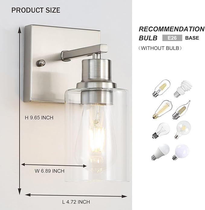 Modern Wall sconces Set of 2，Bathroom Vanity Light fixtures, Brushed Nickel Wall Light with Glass Shade, Farmhouse Wall sconces for Mirror,Bedroom,Living Room，1-Lights