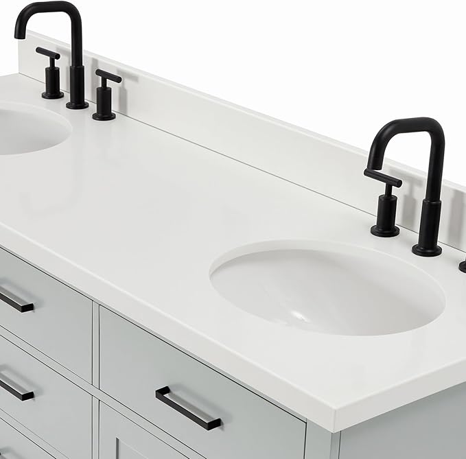 ARIEL Hepburn 66-inch Bathroom Vanity with Sink,Solid Wood, 1.5-inch Pure White Quartz Countertop & Backsplash, Double Oval Porcelain Sink, 4 Soft Closing Doors, 6 Dovetail Drawers, Grey