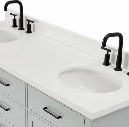 ARIEL Hepburn 66-inch Bathroom Vanity with Sink,Solid Wood, 1.5-inch Pure White Quartz Countertop & Backsplash, Double Oval Porcelain Sink, 4 Soft Closing Doors, 6 Dovetail Drawers, Grey