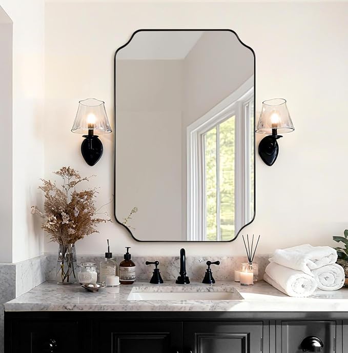 20"x30" Matte Black Mirror, Bathroom Vanity Mirror, Modern Scalloped Mirror in Premium Stainless Steel Thin Frame, Unique Rounded Notched Corners, Compact Size for Small Bathroom Remodel