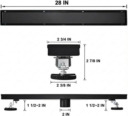 Linear Shower Floor Drain, Black 28 Inch 304 Stainless Steel Bathroom Drains Kit, Rectangular Shower Trench Drain with Reversable Tile-in Pattern Drain Cover & Hair Catcher