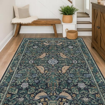 Cottagecore 5x8 Throw Rugs for Living Room, Washable Forest Rugs for Dining Room, Non Slip 5 by 8 Bedroom Under Bed, Low Pile Soft Carpet (Navy Blue & Deep Teal)