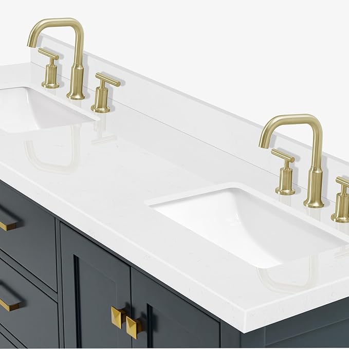 DKB Beckford 66-Inch Midnight Blue Double Bathroom Vanity with Sink, Carrara White Quartz Countertop & Splash, Rectangular Sinks, 4 Soft Closing Doors, 6 Full Extension Dovetail Drawers, Satin Brass